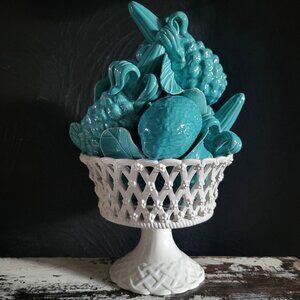 Vintage Blue Ceramic Fruit Topiary Pedestal Bowl Centerpiece With Made in Italy
